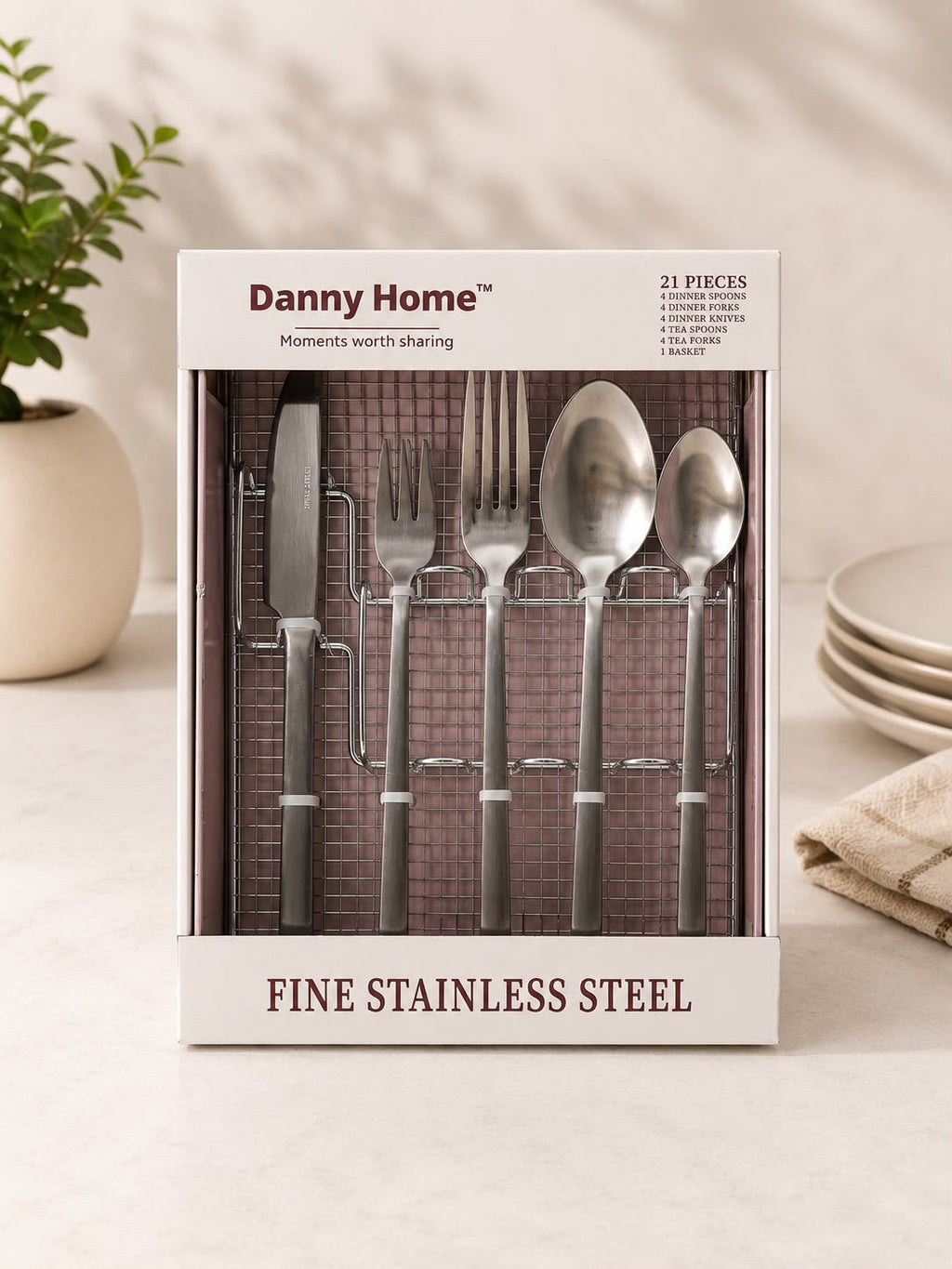21-PIECES STAINLESS STEEL CUTELRY SET WITH STORAGE BASKET