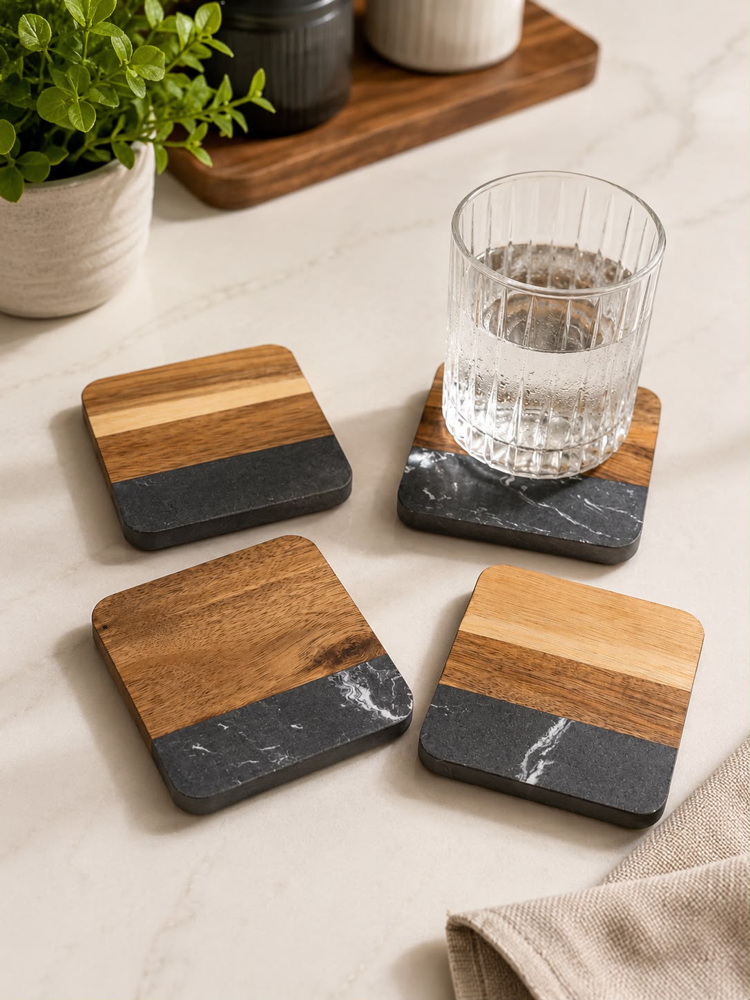 4-PIECE WOOD & MARBLE COASTER SET