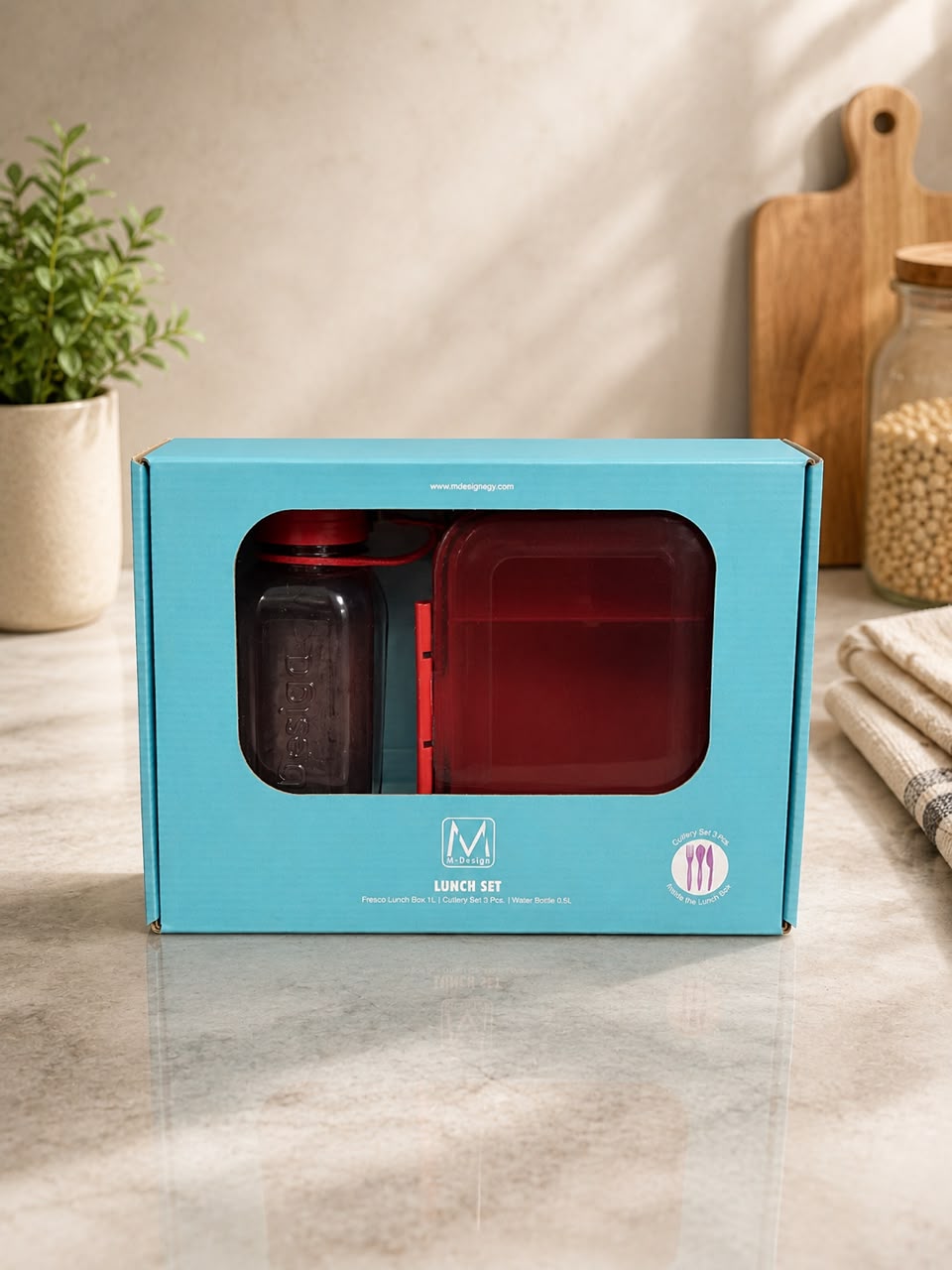 1.1L LUNCH BOX SET WITH WATER BOTTLE - BLACK