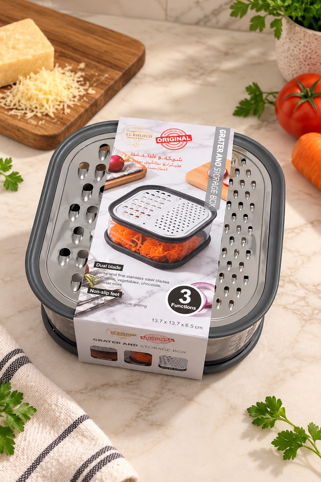 3-IN-1 GRATER WITH GLASS STORAGE