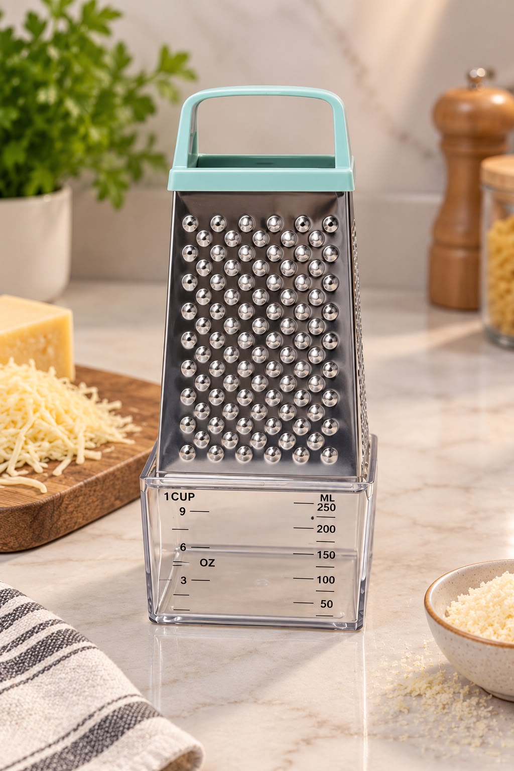 STAINLES STEEL GRATER WITH MEASURING CONTAINER