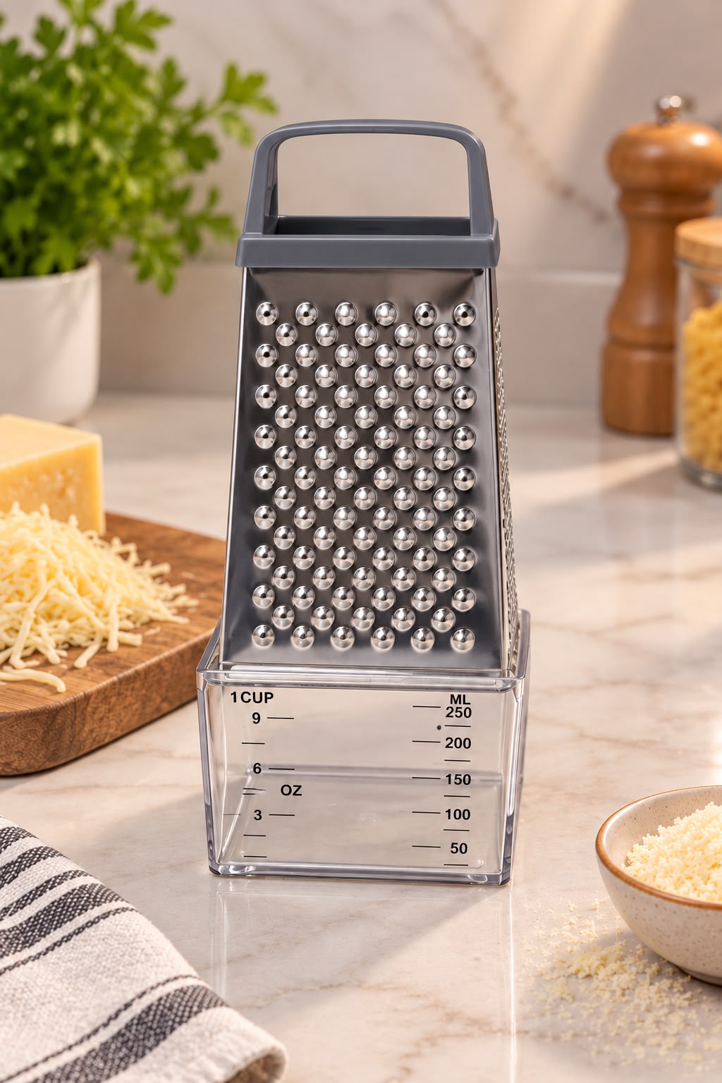 STAINLES STEEL GRATER WITH MEASURING CONTAINER